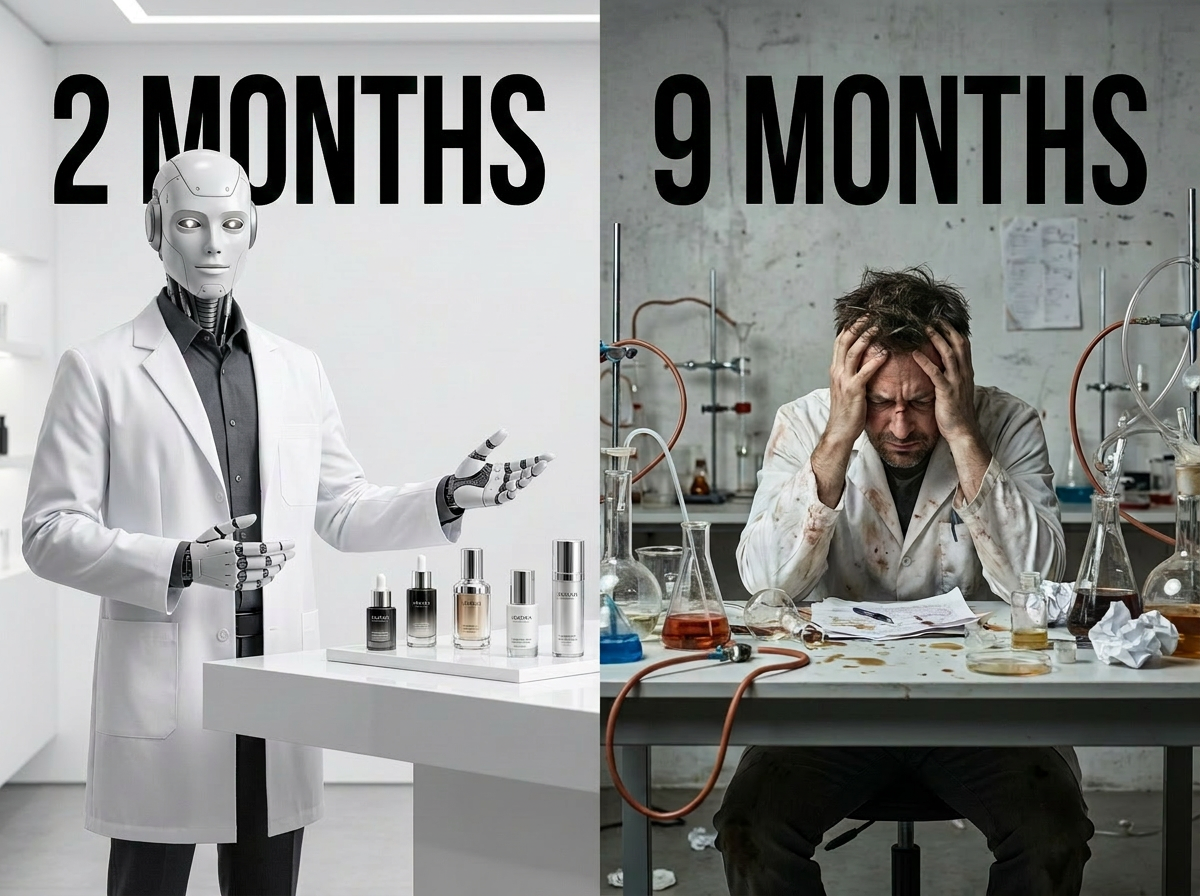 IDIO presenting finished products under MONTH 2, human frustrated in a messy lab under MONTH 9