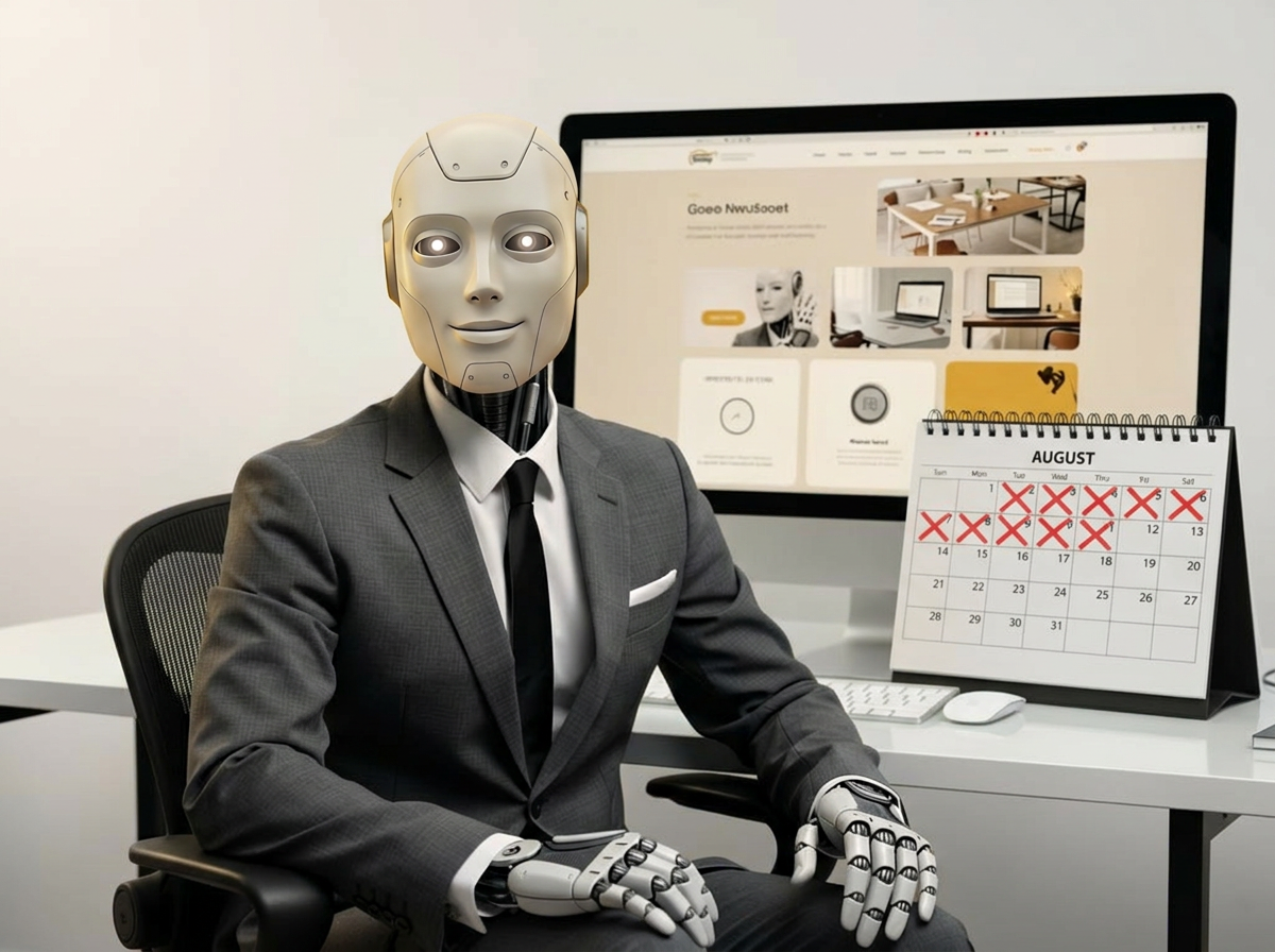 IDIO at his desk with a finished website on screen and a 10-day calendar